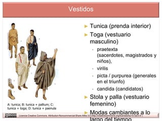 Vestidos

                                                                      ► Tunica (prenda interior)
                                                                      ► Toga (vestuario
                                                                        masculino)
                                                                                  praetexta
                                                                                   (sacerdotes, magistrados y
                                                                                   niños),
                                                                                  virilis
                                                                                  picta / purpurea (generales
                                                                                   en el triunfo)
                                                                                  candida (candidatos)
                                                                      ► Stolay palla (vestuario
A: tunica; B: tunica + pallium; C:                                      femenino)
tunica + toga; D: tunica + paenula
                                                                      ► Modas cambiantes a lo
        Licencia Creative Commons Attribution-Noncommercial-Share Alike 3.0 (http://creativecommons.org/licenses/by-nc-sa/3.0/ )
 
