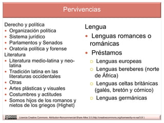 Pervivencias

Derecho y política
                                                                    Lengua
 Organización política
 Sistema jurídico                                                   Lenguas romances o
 Parlamentos y Senados                                               románicas
 Oratoria política y forense
Literatura                                                           Préstamos
 Literatura medio-latina y neo-                                           Lenguas europeas
   latina
                                                                          Lenguas bereberes (norte
 Tradición latina en las
   literaturas occidentales                                                de África)
 Otras                                                                   Lenguas celtas británicas
 Artes plásticas y visuales                                               (galés, bretón y córnico)
 Costumbres y actitudes
                                                                          Lenguas germánicas
 Somos hijos de los romanos y
   nietos de los griegos (Highet)

      Licencia Creative Commons Attribution-Noncommercial-Share Alike 3.0 (http://creativecommons.org/licenses/by-nc-sa/3.0/ )
 