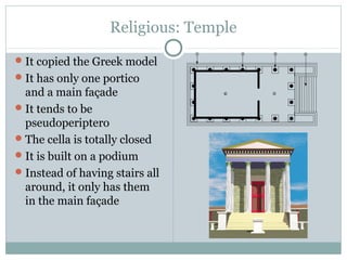 Religious: Temple
It copied the Greek model
It has only one portico
and a main façade
It tends to be
pseudoperiptero
The cella is totally closed
It is built on a podium
Instead of having stairs all
around, it only has them
in the main façade
 
