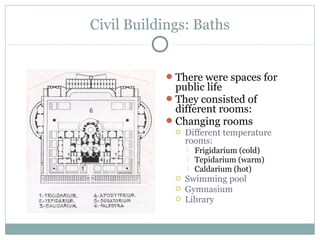 Civil Buildings: Baths
There were spaces for
public life
They consisted of
different rooms:
Changing rooms
 Different temperature
rooms:
 Frigidarium (cold)
 Tepidarium (warm)
 Caldarium (hot)
 Swimming pool
 Gymnasium
 Library
 