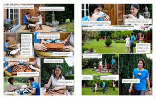 4 5
Ah, ça ressemble un peu à notre jeu…à part
tous ces caractères ! Vous arrivez à les lire ?
Pas tant que ça. On les apprend
tout au long de la scolarité…
Tu vois, un caractère représente une
idée ou un son, parfois l’un et l’autre. 
Alors, que signifie ce pion par exemple ?
Il signifie « soldat ».
Mon prénom est Li Mei, ce
qui signifie « Belle fleur de
prune ». Et toi ?
Et toi, ton prénom il doit signifier
quelque chose en chinois, non ?
C’est un jeu d’échecs chinois, un xiangqi. C’est mon
oncle qui nous l’envoie. Je vais enfin pouvoir y jouer.
Oui bien sûr, je
ne suis arrivée
en Belgique qu’à
l’âge de douze ans
pour le travail de
mes parents qui
font de l’import-
export. C’est en
Chine que j’ai
appris à parler
le mandarin, la
langue officielle,
enseignée dès
l’école primaire.
Oh, ça m’a toujours un peu fasciné ces
sinogrammes. C’est beau mais ça a l’air
tellement compliqué de les apprendre !
Oh, moi, je m’appelle Newton, tout simplement.
Je suis en troisième année de journalisme à Liège.
Moi, je fais des études pour devenir professeur
de français langue étrangère. Un jour, peut-
être irai-je enseigner le français en Chine !
Il est magnifique ! Qui
penserait qu’un tel jar-
din existe ici ! Et tous
ces recoins, ces ouver-
tures, c’est comme un
cadre de tableau.
Merci pour le
colis, vraiment !
Quelle jolie rencontre… Merci
au facteur de s’être trompé !
Mes parents ont eu envie de faire ce jardin asiatique. Pour nous, l’art du jardin est sacré,
au même titre que la calligraphie ou la poésie. On a voulu recréer une nature idéale.
Oui, tu as l’œil ! Cela ressemble
à une estampe sur rouleau.
Merci encore pour le thé et
cette discussion stimulante.
 