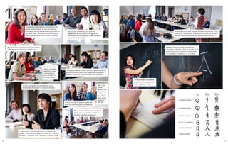 8 9
Ma mère fait un doctorat en acupuncture
à Shanghai et j’ai été lui rendre visite.
J’ai donc un peu
appris en autodi-
dacte et en plus,
j’ai rencontré
une chinoise il y
a un an, alors…
Je fais des études de journalisme et j’ai
récemment découvert la culture chinoise.
J’aimerais en connaitre plus sur ce pays et sa
langue. Les recherches que j’ai faites sur Internet,
la nature, l’histoire, enfin, tout ça m’a donné envie.
Moi c’est
pareil,
depuis très
longtemps
ce pays et
sa calligra-
phie m’ont
toujours
attirée !Je fais du kung-fu depuis quatre ans
et je suis fascinée par la calligraphie.
Moi, je voulais me prouver quelque
chose, que je pouvais y arriver si
d’autres y étaient parvenus !
Je ne peux pas dire que c’est pour plaire à une fille
que je connais à peine que j’apprends la langue...
Et puis, c’est vrai, j’ai d’autres bonnes raisons…
J’ai envie d’apprendre le chinois pour mon
avenir professionnel. Je suis en sciences
politiques, alors je pense que ça peut être un
bel atout pour ma carrière future. Et puis je
ne voulais pas faire comme tout le monde !
Moi, je suis chinoise et c’est pour me
rapprocher de ma culture. J’ai appris le
cantonais avec mes parents, mais j’aimerais
apprendre le mandarin …
Je vois que vous avez tous de solides motivations. C’est
essentiel ! Vous verrez, si vous êtes motivés, le chinois
est loin d’être difficile, tout le monde peut y arriver !
Une partie des caractères
chinois est l’idéogramme.
« 木 » signifie « arbre ».
Quand on trace un trait en bas de ce
caractère, il devient « 本 », la racine ; si ce
trait est tracé sur la partie supérieure de
ce caractère, on obtient « 末 », le bout.
 