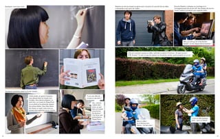 16 17
Oui, comme
j’adore des-
siner, je vais
faire ce travail
sous forme
de dessins !
J’en ferai une
présentation
PowerPoint.
Cette année, en guise d’examen,
vous devrez faire un travail mul-
timédia. Vous devrez préparer un
petit film, un travail en PowerPoint
ou en photo et le présenter devant
les autres élèves. Vous êtes libres
de choisir un sujet, mais vous ne
pouvez vous exprimer qu’en chinois.
Tu as une idée de
ce que tu vas faire ?
Quelques semaines avant la fin de l’année...
Quelques cours plus tard... Newton se met au travail et après avoir trouvé le fil narratif de sa vidéo,
il demande à ses amis de l’aider.
Ensuite Newton s’attaque au montage et à
l’enregistrement de sa voix off. Ses études de journa-
lisme l’aident à produire une superbe vidéo.
Elle est vraiment sympa ta vidéo, rythmée et pleine d’humour ! Et quel accent !
真棒 (bravo) ! Tu vas à coup sûr passer en deuxième année, quels progrès en un an !
Bon, je crois qu’on a fait du bon
boulot ! Je me réjouis de le montrer !
Merci Li Mei !
Je m’étonne moi-
même. J’ai tenu bon !
C’est un défi quelque
part… que j’ai relevé.
 