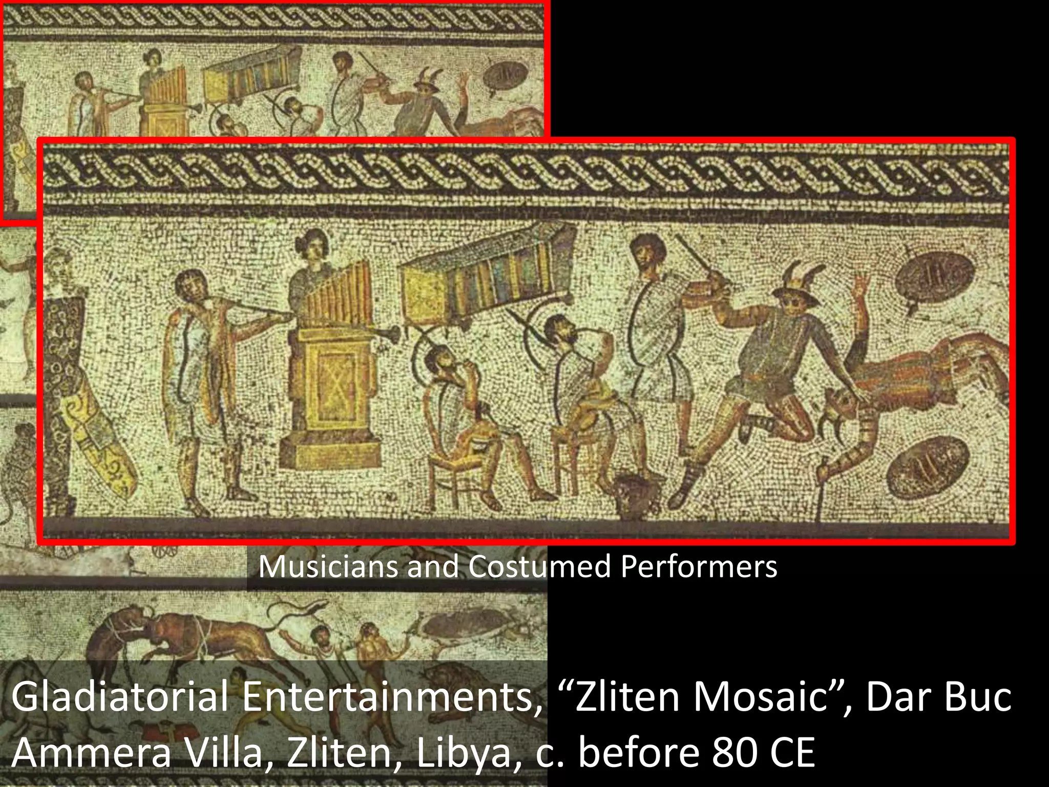 Inaugural festivities by Emperor Titus: 100 days, in which 9,000 animals and 2,000 gladiators were killed.Flavian Amphitheater (Coliseum), Rome, 72-80 BCE. 