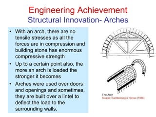 Engineering Achievement
Structural Innovation- Arches
• With an arch, there are no
tensile stresses as all the
forces are in compression and
building stone has enormous
compressive strength
• Up to a certain point also, the
more an arch is loaded the
stronger it becomes
• Arches were used over doors
and openings and sometimes,
they are built over a lintel to
deflect the load to the
surrounding walls.
 