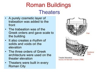 Roman Buildings
Theaters
• A purely cosmetic layer of
trabeation was added to the
front
• The trabeation was of the
Greek orders and gave scale to
the building
• It also creates a rhythm of
solids and voids on the
elevation
• The three orders of Greek
architecture were used on the
theater elevation
• Theaters were built in every
Roman City
 