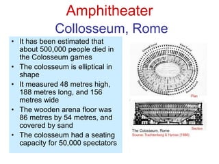 Amphitheater
Collosseum, Rome
• It has been estimated that
about 500,000 people died in
the Colosseum games
• The colosseum is elliptical in
shape
• It measured 48 metres high,
188 metres long, and 156
metres wide
• The wooden arena floor was
86 metres by 54 metres, and
covered by sand
• The colosseum had a seating
capacity for 50,000 spectators
 
