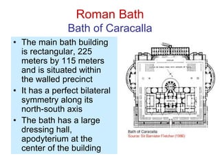 Roman Bath
Bath of Caracalla
• The main bath building
is rectangular, 225
meters by 115 meters
and is situated within
the walled precinct
• It has a perfect bilateral
symmetry along its
north-south axis
• The bath has a large
dressing hall,
apodyterium at the
center of the building
 