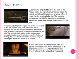 SAFE HAVEN
A panaramic long shot towards the start of the
teaser trailer is a typical convention as it sets the
scene and allows the audience to grasp a feel of
what the film is going to be like. The bus also
symbolises that this film is going to be about a
person on a long journey that may impact on their
life.
This close up highlights the impact that leaving has caused
on this girl, I believe it has been used in this was to
emphasis that she is in hiding and therefore the medium
close up allows the audience to see the expressions on her
face. The fact that she is gazing out the window could
engage that audience and make them wonder what she is
thinking about and therefore make them want to carry on
watching the trailer, also known as an enigma.
A flash back of the main characters past is a
typical convention used within a romance as it
allows the audience to understand and feel
empathy towards the characters tragic past.
 