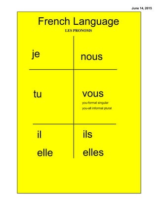June 14, 2015
French Language
LES PRONOMS
je nous
tu vous
you-formal singular
you-all informal plural
il
elle
ils
elles
 