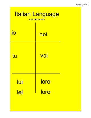 June 14, 2015
Italian Language
LES PRONOMS
io noi
tu voi
loro
loro
lui
lei
 