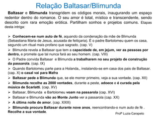 Relação Baltasar/Blimunda
Baltasar e Blimunda transgridem os códigos morais, inaugurando um espaço
redentor dentro do romance. O seu amor é total, místico e transcendente, sendo
descrito com rara emoção erótica. Partilham sonhos e projetos comuns. Etapas
desta intriga:
 Conhecem-se num auto de fé, aquando da condenação da mãe de Blimunda
(Sebastiana Maria de Jesus, acusada de feitiçaria). É o padre Bartolomeu quem os casa,
segundo um ritual mais profano que sagrado. (cap. V)
 Blimunda revela a Baltasar que tem a capacidade de, em jejum, ver as pessoas por
dentro, e promete que tal nunca fará ao seu homem. (cap. VIII)
 O Padre convida Baltasar e Blimunda a trabalharem no seu projeto de construção
da passarola. (cap. IX)
 Quando Bartolomeu parte para a Holanda,, instalando-se em casa dos pais de Baltasar.
(cap. X) o casal vai para Mafra
 Baltasar pede a Blimunda que, se ele morrer primeiro, veja a sua vontade. (cap. XII)
 Blimunda recolhe as 2000 vontades, durante a peste, adoece e é curada pela
música de Scarlatti. (cap. XV)
 Baltasar, Blimunda e Bartolomeu voam na passarola (cap. XVI)
 Baltasar e Blimunda vão ao Monte Junto ver a passarola (cap. XX)
 A última noite de amor. (cap. XXIII)
 Blimunda procura Baltasar durante nove anos, reencontrando-o num auto de fé .
Recolhe a sua vontade. Profª Luzia Carapeto
 