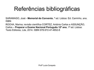 Referências bibliográficas
SARAMAGO, José - Memorial do Convento, ª ed. Lisboa: Ed. Caminho, ano.
ISBN
ROCHA, Marina; revisão científica CORTEZ, António Carlos e ASSUNÇÃO,
Carlos – Preparar o Exame Nacional Português 12º ano, 1ª ed. Lisboa:
Texto Editores, Lda, 2014. ISBN 978-972-47-4852-8
Profª Luzia Carapeto
 
