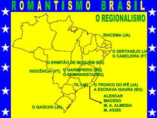 O SERTANEJO (JA) O CABELEIRA (FT) O GAÚCHO (JA) INOCÊNCIA (VT) O GARIMPEIRO (BG) O SEMINARISTA (BG) O ERMITÃO DE MUQUÉM (BG) TIL (JA) O TRONCO DO IPÊ (JA) A ESCRAVA ISAURA (BG) ALENCAR MACEDO M. A. ALMEIDA M. ASSIS IRACEMA (JA) O REGIONALISMO 