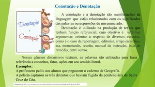 Conotação e Denotação
Disponível em https://www.portugues.com.br/redacao/denotacao-conotacao.html Acesso em 20 de out. de 2022.
A conotação e a denotação são manifestações da
linguagem que estão relacionadas com os significados
das palavras ou expressões de um enunciado.
Denotação é utilizado na produção de textos que
tenham função referencial, cujo objetivo é informar
argumentar, orientar a respeito de diversos assuntos,
como é o caso da reportagem, editorial, artigo científico,
ata, memorando, receita, manual de instrução, bula de
remédio, entre outros.
Nesses gêneros discursivos textuais, as palavras são utilizadas para fazer
referência a conceitos, fatos, ações em seu sentido literal.
Exemplos:
A professora pediu aos alunos que pegassem o caderno de Geografia.
A polícia capturou os três detentos que haviam fugido da penitenciária de Santa
Cruz do Céu.
 