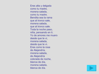 Eres alta y delgada
como tu madre,
morena salada,
como tu madre.
Bendita sea la rama
que al tronco sale,
morena salada,
que al tronco sale.
Toda la noche paso,
niña, pensando en ti.
Yo de amores me muero
desde que te vi,
morena salada,
desde que te vi.
Eres como la rosa
de Alejandría,
morena salada,
de Alejandría
colorada de noche,
blanca de día,
morena salada,
blanca de día.
 