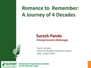 Romance to Remember:
A Journey of 4 Decades
Suresh Pande
Principal Scientist (Pathology)
Event: Seminar
Venue: CF Bentley Conference Center
Date: 12 April 2013
 