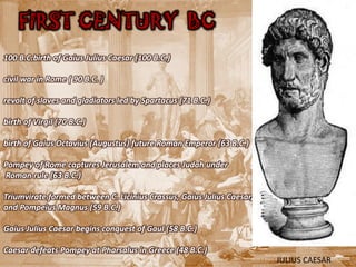 FIRST CENTURY BC
100 B.C.birth of Gaius Julius Caesar (100 B.C.)

civil war in Rome ( 90 B.C. )

revolt of slaves and gladiators led by Spartacus (71 B.C.)

birth of Virgil (70 B.C.)

birth of Gaius Octavius (Augustus) future Roman Emperor (63 B.C.)

Pompey of Rome captures Jerusalem and places Judah under
Roman rule (63 B.C.)

Triumvirate formed between C. Licinius Crassus, Gaius Julius Caesar,
and Pompeius Magnus (59 B.C.)

Gaius Julius Caesar begins conquest of Gaul (58 B.C.)

Caesar defeats Pompey at Pharsalus in Greece (48 B.C.)
                                                                       JULIUS CAESAR
 
