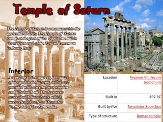 Temple of Saturn
The Temple of Saturn is a monument to the
agricultural deity. The Temple of Saturn
stands at the foot of the Capitaline hill in
the western end of the Forum Romanum
in Rome, Italy




Interior
According to the sources, the statue                   Location      Regione VIII Forum
of the god in the interior, veiled and                                       Romanum
provided with a scythe, was wooden
and filled with oil. The legs were
covered with linen bents, which                          Built in               497 BC
were released only on December
17, the day of the Saturnalia.                      Built by/for    Tarquinius Superbus

                                               Type of structure         Roman temple
 