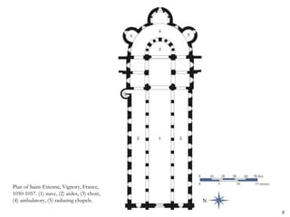 Plan of Saint-Etienne, Vignory, France,
1050-1057. (1) nave, (2) aisles, (3) choir,
(4) ambulatory, (5) radiating chapels.
8
 
