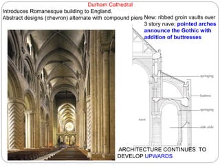 Durham Cathedral
Introduces Romanesque building to England.
Abstract designs (chevron) alternate with compound piers New: ribbed groin vaults over
3 story nave; pointed arches
announce the Gothic with
addition of buttresses
ARCHITECTURE CONTINUES TO
DEVELOP UPWARDS
 