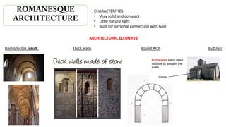 ROMANESQUE
ARCHITECTURE
CHARACTERITICS
• Very solid and compact
• Little natural light
• Built for personal connection with God
ARCHITECTURAL ELEMENTS
Barrel/Groin vault Thick walls Round Arch Buttress