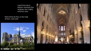 Levels from top to
bottom: clerestory (has
windows, lets in light),
triforium, nave
Notre Dame de Paris, or Our Lady
of Paris, 1163-1250
 