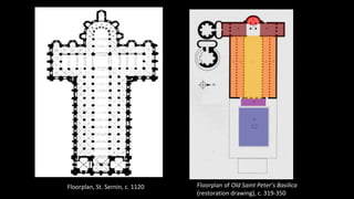Floorplan, St. Sernin, c. 1120 Floorplan of Old Saint Peter’s Basilica
(restoration drawing), c. 319-350
 