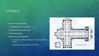 CHURCH
• It was the main building
• It symbolized God’s kingdom
• The holiest part was the apse
• It had cross shape
• Symbolism was important:
• Circular parts reflect perfection so they were linked
to God
• Squared parts are related to the human.
 