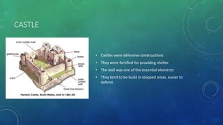 CASTLE
• Castles were defensive constructions
• They were fortified for providing shelter
• The wall was one of the essential elements
• They tend to be build in stepped areas, easier to
defend.
 