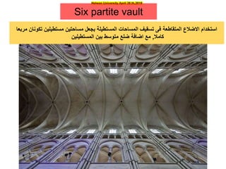 Lecture 9 Dr Fatma Elnekhaly
Helwan University April 28 th,2018
Six partite vault
‫الطريقة‬ ‫من‬ ‫مستوحاة‬ ‫المستخدمة‬ ‫الطريقة‬ ‫وكانت‬
‫الرومانية‬
‫مربعا‬ ‫تكونان‬ ‫مستطيلين‬ ‫مساحتين‬ ‫بجعل‬ ‫المستطيلة‬ ‫المساحات‬ ‫تسقيف‬ ‫فى‬ ‫المتقاطعة‬ ‫االضالع‬ ‫استخدام‬
‫كامال‬
,
‫المستطيلين‬ ‫بين‬ ‫متوسط‬ ‫ضلع‬ ‫اضافة‬ ‫مع‬
 