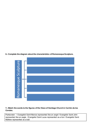 6.- Complete the diagram about the characteristics of Romanesque Sculpture.
7.- Match the words to the figures of the frieze of Santiago Church in Carrión de los
Condes.
Pantocrator / Evangelist Saint Marcos represented like an angel / Evangelist Saint John
represented like an eagle / Evangelist Saint Lucas represented as a lion / Evangelist Saint
Mathew represented as a bull.
RomanesqueSculpture
 