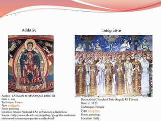 Additive Integrative 
Decoration Church of Sant Angelo DI Formis 
Date :c. 1123 
Technique :Fresco 
Type :religious 
Form :painting 
Location :Italy 
Author : CATALAN ROMANESQUE PAINTER 
Date :c. 1123 
Technique :Fresco 
Type :religious 
Form :painting 
Location :Museu Nacional d'Art de Catalunya, Barcelona 
Source : http://www.lib-art.com/artgallery/37444-the-madonna-enthroned- 
romanesque-painter-catalan.html 
 