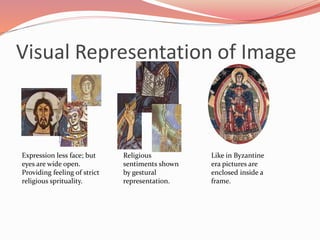 Visual Representation of Image 
Expression less face; but 
eyes are wide open. 
Providing feeling of strict 
religious sprituality. 
Religious 
sentiments shown 
by gestural 
representation. 
Like in Byzantine 
era pictures are 
enclosed inside a 
frame. 
 