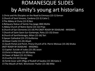 ROMANESQUE SLIDES
by Amity’s young art historians
1.Christ and His Disciples on the Road to Emmaus (15-1) Eeman
2.Church of Sant Vincenc, Cardona (15-3) Catie C.
3.The Abbey at Cluny (15-9) Ben
4.Reliquary Statue of Sainte Foy (page 484) Mollie
5.Abbey Church of Notre-Dame (15-12) Priya
6.Church of San Clemente (15-14) Phil
7.Church of Saint-Savin-Sur-Gartempe, Poitu (15-15) Grace
8.Church of Sant’Ambrogio, Milan (15-16) Tori
9.Speyer Cathedral (15-17) Guillermo
10.Dover Castle (15-24) Aliyah
11.South Portal and Porch, Priory Church of St. Pierre Moissac (15-26) Shoba
12.Capital: Suicide of Judas (15-29) Jason
13.Christ in Majesty (15-30) Kavita
14.Tower of Babel (15-31) Mary
15.Crucifix (15-32) George
16.Tomb Cover with Effigy of Rudolf of Swabia (15-34) Katie Z.
17.The Mouth of Hell, Winchester Psalter (15-38) Mike

 
