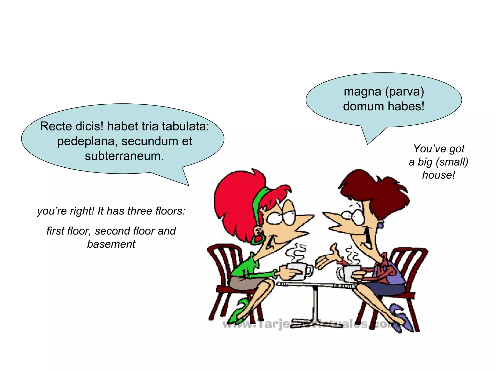 magna (parva)
                                     domum habes!
Recte dicis! habet tria tabulata:
  pedeplana, secundum et
                                                You’ve got
        subterraneum.                          a big (small)
                                                  house!


you’re right! It has three floors:
  first floor, second floor and
             basement
 
