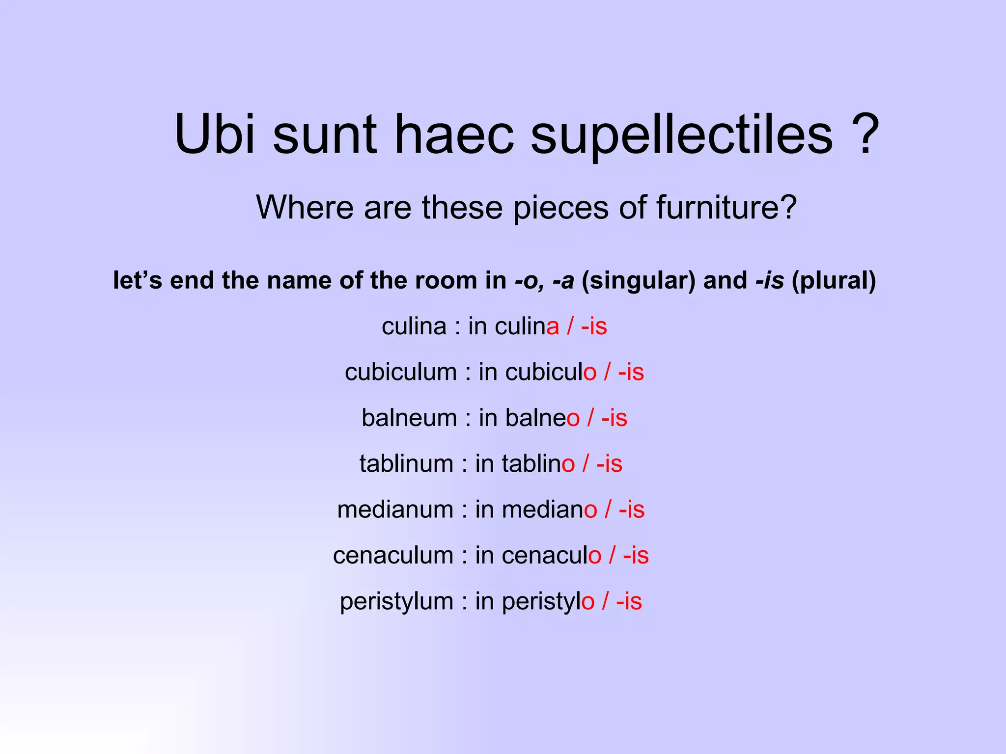 Ubi sunt haec supellectiles ?
            Where are these pieces of furniture?

let’s end the name of the room in -o, -a (singular) and -is (plural)
                        culina : in culina / -is
                    cubiculum : in cubiculo / -is
                      balneum : in balneo / -is
                      tablinum : in tablino / -is
                   medianum : in mediano / -is
                   cenaculum : in cenaculo / -is
                    peristylum : in peristylo / -is
 