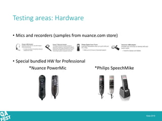 Киев 2016
Testing areas: Hardware
• Mics and recorders (samples from nuance.com store)
• Special bundled HW for Professional
*Nuance PowerMic *Philips SpeechMike
 