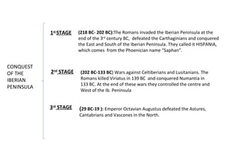 CONQUEST
OF THE
IBERIAN
PENINSULA
1st
STAGE
2nd
STAGE
3rd
STAGE
(218 BC- 202 BC):The Romans invaded the Iberian Peninsula at the
end of the 3rd
century BC, defeated the Carthaginians and conquered
the East and South of the Iberian Peninsula. They called it HISPANIA,
which comes from the Phoenician name “Saphan”.
(29 BC-19 ): Emperor Octavian Augustus defeated the Astures,
Cantabrians and Vascones in the North.
(202 BC-133 BC) Wars against Celtiberians and Lusitanians. The
Romans killed Viriatus in 139 BC and conquered Numantia in
133 BC. At the end of these wars they controlled the centre and
West of the Ib. Peninsula
 