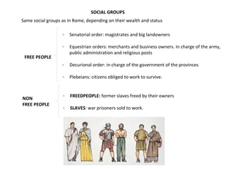 SOCIAL GROUPS 
Same social groups as in Rome, depending on their wealth and status 
FREE PEOPLE 
- Senatorial order: magistrates and big landowners 
- Equestrian orders: merchants and business owners. In charge of the army, 
public administration and religious posts 
- Decurional order: in charge of the government of the provinces 
- Plebeians: citizens obliged to work to survive. 
- FREEDPEOPLE: former slaves freed by their owners 
- SLAVES: war prisoners sold to work. 
NON 
FREE PEOPLE 
 