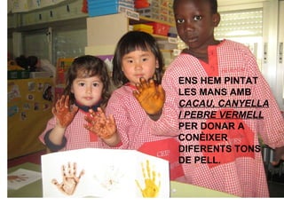 ENS HEM PINTAT LES MANS AMB  CACAU, CANYELLA I PEBRE VERMELL  PER DONAR A CONÈIXER DIFERENTS TONS DE PELL. 