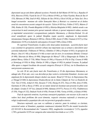 depresiunii sau pe unii dintre afluenţii acestora: Poienile de Sub Munte (10 561 loc.), Repedea (4
853), Ruscova (5183), Vişeul de Jos (5 731) şi Moisei (8 961), pe Valea Vişeului; Rona de Sus (4
155), Bârsana (4 506), Ieud (4 492), Săliştea de Sus (5814) şi Săcel (4126), pe Valea Izei. De-a
lungul sectoarelor montane ale văilor Someşului Mare şi Bistriţei s-a construit un al doilea
areal de concentrarea acestei categorii de aşezări: Telciu (4 024 loc), Feldru (5 937), Maieru (5
598), Rodna (6 138), Prundu Bârgăului (4 893) şi Bistriţa Bârgăului (4 002). Ambele areale s-au
caracterizat în mod constant prin sporuri naturale ridicate şi sporuri migratorii reduse, acestea
şi imprimând caracteristici corespunzătoare judeţelor Maramureş şi Bistriţa-Năsăud. Un alt
areal semnificativ apare în judeţul Harghita (şapte aşezări), amplasate în depresiunile
intramontane Giurgeu (Remetea 6 498 loc, Ditrău 6 068, Joseni (5 406), Ciumani (4 817) şi Ciuc
(Sândominic 6 676 şi în dealurile subcarpatice (Corund 5 008 şi Zetea 4 603).
         Pe cuprinsul Transilvaniei, în afara celor două judeţe menţionate, aşezările foarte mari
s-au constituit în apropierea centrelor urbane mai importante sau ca urmare a dezvoltării unor
activităţi industriale: Feldioara (4 708 loc), Ghimbav (5 380) şi Prejmer (4 841), în apropiere de
Braşov; Jina (4 3 48) şi Răşinari (5 4 68) ca mari sate de oieri, în vecinătatea Sibiului; Cristeşti
(4 690), Sâncraiu de Mureş (4 098), Sângeorgiu de Mureş(7 120) şi Sângeorgiu de Pădure, în
judeţul Mureş; Gilău (5 719), Mihai Viteazu (4 304) şi Viişoara (4 874) în Cluj; Crasna (4 400)
şi Sărmăşag (4 918) în Sălaj; Gheliţa (4 380) şi Zagon (4 092) în judeţul Covasna. În judeţul
Alba apare o singură localitate din această categorie (Petreşti 4 120 loc), iar în Hunedoara nu
sunt prezente asemenea sate.
         La cele 30 de sate foarte mari din Transilvania şi 10 din depresiunea Maramureş se
adaugă alte 20 de sate, care s-au dezvoltat pe faţa vestică a teritoriului României. Acestea sunt
amplasate fie în depresiunile dinspre dealuri sau munte: Bixad (4 710 loc), în Depresiunea Oaş
şi Tileagd (4 040) în depresiunea Oradea-Borod, fie la limita Câmpiei de Vest cu Dealurile de
Vest: Turţ (5 816), Ardud (4 102), Săcueni (7 216), Diosig (6 237), Tinca (4 494), Şiria (5 030),
Giarmata (4 228) şi Recaş (5 085), iar un număr destul de însemnat sunt prezente în plină zonă
de câmpie: Livada (5 187 loc), Şimand (4 049), Sântana (10 877), Pecica (11 472), Vladimirescu
(5 559), Vinga (4 132), Dudeştii Vechi (4 450), Periam (4 589), Variaş (4 030), şi Gătaia (4 044).
         Faţă de aspectele urmărite, în privinţa cunoaşterii populaţiei, este necesar să fie avute în
vedere încă două probleme din acest domeniu, respectiv structura naţională şi structura pe
religii (confesională) a populaţiei din cele trei provincii geografico-istorice.
         Structura naţională, aşa cum s-a subliniat şi anterior, pune în evidenţă, cu claritate,
caracterul unitar al României, populaţia românească deţinând 89,47% din totalul locuitorilor
(22 810 035 le Recensământul din 7 ianuarie 1992), maghiarilor revenindu-le 7,11%, ţiganilor
1,76%, germanilor 0,53% iar categoria altor minorităţi înscriindu-se cu 1,12%.
 