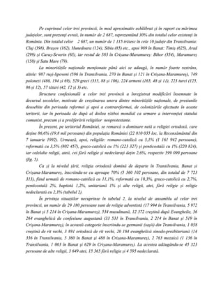 Pe cuprinsul celor trei provincii, în mod aproximativ echilibrat şi în raport cu mărimea
judeţelor, sunt prezenţi evreii, în număr de 2 687, reprezentând 30% din totalul celor existenţi în
România. Din totalul celor 2 687, un număr de 1 115 trăiesc în cele 10 judeţe din Transilvania:
Cluj (398), Braşov (162), Hunedoara (124), Sibiu (85) etc., apoi 989 în Banat: Timiş (625), Arad
(299) şi Caraş-Severin (65), iar restul de 583 în Crişana-Maramureş: Bihor (354), Maramureş
(150) şi Satu Mare (79).
          La minorităţile naţionale menţionate până aici se adaugă, în număr foarte restrâns,
altele: 987 ruşi-lipoveni (596 în Transilvania, 270 în Banat şi 121 în Crişana-Maramureş), 749
polonezi (486, 194 şi 69), 529 greci (335, 88 şi 106), 224 armeni (165, 48 şi 11), 223 turci (125,
86 şi 12), 57 tătari (42, 12 şi 3) etc.
          Structura confesională a celor trei provincii a înregistrat modificări însemnate în
decursul secolelor, motivate de creştinarea unora dintre minorităţile naţionale, de presiunile
deosebite din perioada reformei şi apoi a contrareformei, de colonizările efectuate în aceste
teritorii, iar în perioada de după al doilea război mondial ca urmare a intervenţiei statului
comunist, precum şi a proliferării religiilor neoprotestante.
          În prezent, pe teritoriul României, se remarcă o dominare netă a religiei ortodoxă, care
deţine 86,6% (19,8 mil persoane) din populaţia României (22 810 035 loc, la Recensământul din
7 ianuarie 1992). Urmează, apoi, religiile: romano-catolică cu 5,1% (1 161 942 persoane),
reformată cu 3,5% (802 457), greco-catolică cu 1% (223 327) şi penticostală cu 1% (220 824),
iar celelalte religii, ateii, cei fără religie şi nedeclaraţi deţin 2,6%, respectiv 599 099 persoane
(fig. 5).
          Ca şi la nivelul ţării, religia ortodoxă domină de departe în Transilvania, Banat şi
Crişana-Maramureş, înscriindu-se cu aproape 70% (5 360 102 persoane, din totalul de 7 723
313), fiind urmată de romano-catolică cu 11,1%, reformată cu 10,3%, greco-catolică cu 2,7%,
penticostală 2%, baptistă 1,2%, unitariană 1% şi alte religii, atei, fără religie şi religie
nedeclarată cu 2,3% (tabelul 2).
          În privinţa situaţiilor necuprinse în tabelul 2, la nivelul de ansamblu al celor trei
provincii, un număr de 29 180 persoane sunt de religie adventistă (17 994 în Transilvania, 5 972
în Banat şi 5 214 în Crişana-Maramureş), 534 musulmană, 12 372 creştină după Evanghelie, 36
264 evanghelică de confesiune augustană (33 531 în Transilvania, 2 214 în Banat şi 519 în
Crişana-Maramureş), în această categorie înscriindu-se germanii (saşii) din Transilvania, 1 058
creştină de rit vechi, 3 891 ortodoxă de rit vechi, 20 184 evanghelică sinodo-prezbiteriană (14
336 în Transilvania, 5 360 în Banat şi 488 în Crişana-Maramureş), 2 763 mozaică (1 136 în
Transilvania, 1 003 în Banat şi 629 în Crişana-Maramureş). La acestea adăugându-se 45 323
persoane de alte religii, 3 649 atei, 15 365 fără religie şi 4 595 nedeclarată.
 