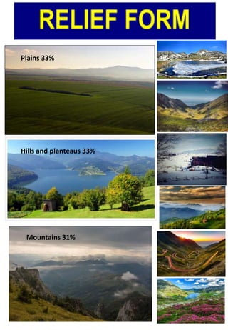 Plains 33%
Hills and planteaus 33%
Mountains 31%
 