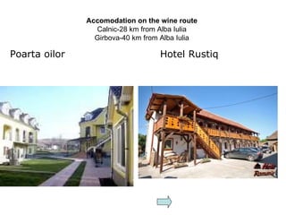 Accomodation on the wine route Calnic-28 km from Alba Iulia Girbova-40 km from Alba Iulia Poarta oilor Hotel Rustiq 