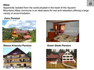 Albac Apparently isolated from the world,situated in the heart of the Apuseni Mountains,Albac commune is an ideal place for rest and relaxation,offering a large variety of accommodation. Jianu Pension Steaua Ariesului Pension Green Glade Pension 