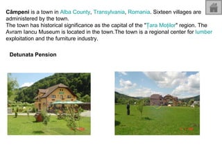 Câmpeni  is a town in  Alba County ,  Transylvania ,  Romania . Sixteen villages are administered by the town. The town has historical significance as the capital of the " Ţara   Moţilor " region. The Avram Iancu Museum is located in the town.The town is a regional center for  lumber  exploitation and the furniture industry. Detunata Pension   