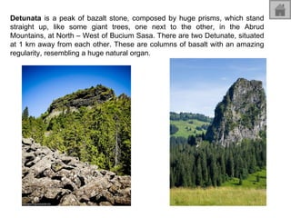 Detunata  is a peak of bazalt stone, composed by huge prisms, which stand straight up, like some giant trees, one next to the other, in the Abrud Mountains, at North – West of Bucium Sasa. There are two Detunate, situated at 1 km away from each other. These are columns of basalt with an amazing regularity, resembling a huge natural organ. 