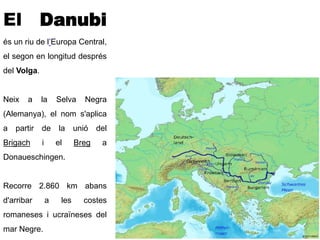 El Danubi
és un riu de l’Europa Central,
el segon en longitud després
del Volga.
Neix a la Selva Negra
(Alemanya), el nom s'aplica
a partir de la unió del
Brigach i el Breg a
Donaueschingen.
Recorre 2.860 km abans
d'arribar a les costes
romaneses i ucraïneses del
mar Negre.
 