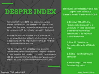DESPRE INDEX
Romania CSR Index 2018 este cea mai complexa
analiza a domeniului "Responsabilitate Sociala si de
Mediu" din Romania, care are la baza un instrument
de masurare cu 49 de indicatori grupati in 9 categorii.
Informatiile evaluate se refera atat la guvernanta
corporativa si la informatii privind diversitatea cat si la
aspecte care reflecta impactul economic, de mediu si
social al companiilor evaluate.
Fisa de evaluare a fost utilizata pentru a analiza
performanta si transparenta privind Responsabilitatea
Sociala si de Mediu in randul companiilor care au peste
500 de angajati in Romania (696 de companii, conform
datelor din 2016, disponibile la momentul evaluarii).
Indexul ia in considerare cele mai
importante referinte
internationale din domeniul CSR:
1. Directiva 2014/95/UE a
Parlamentului European si a
Consiliului in ceea ce priveste
prezentarea de informatii
nefinanciare si de informatii
privind diversitatea
2. Cele 17 Obiective de
Dezvoltare Durabila (ODD) ale
ONU
3. Global Reporting Initiative
Standards
4. Metodologia "Dow Jones
Sustainability Index"
Romania CSR Index 2018 www.theazores.ro
 